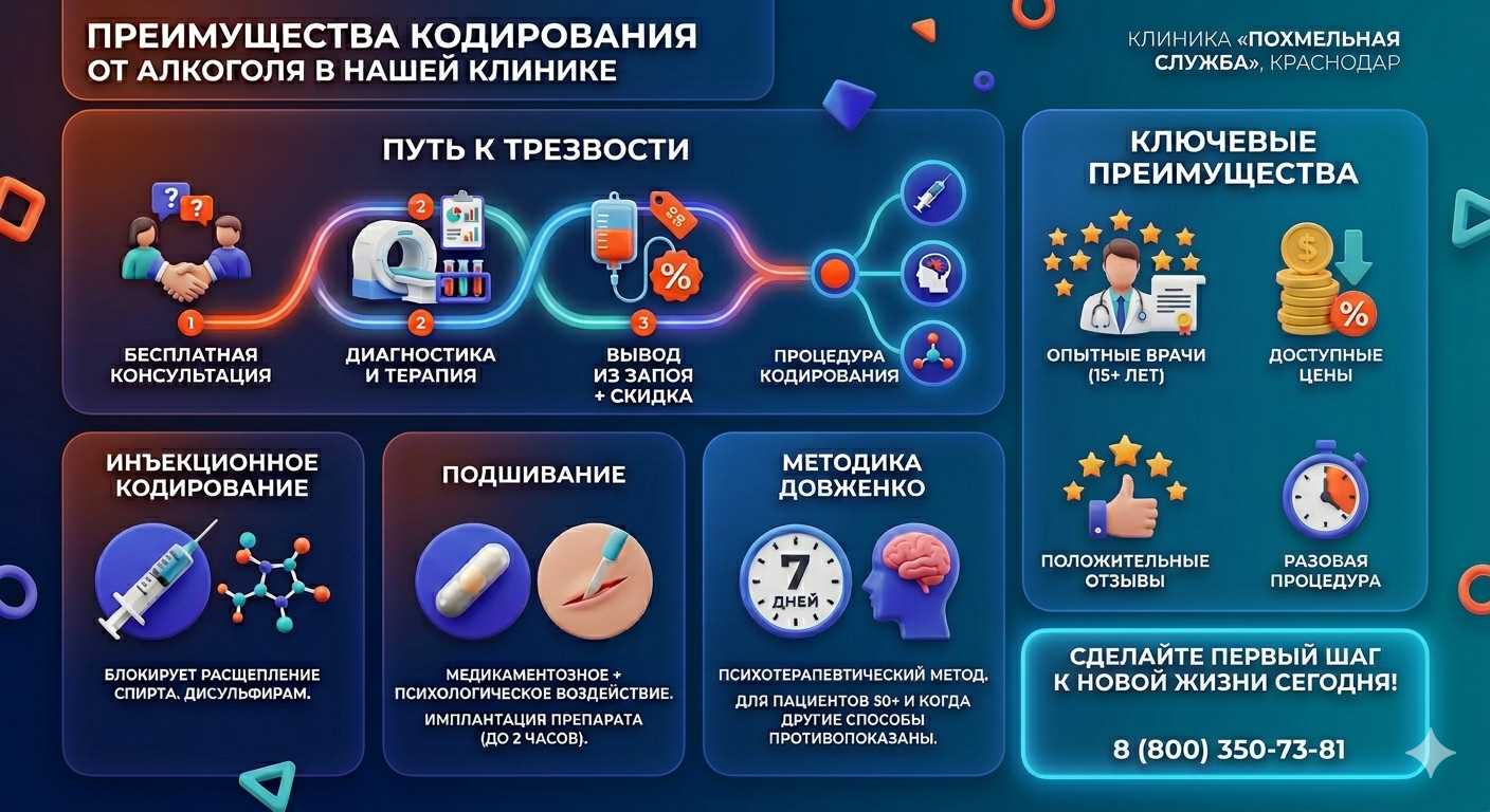 Инфографика о методах кодирования от алкоголя в Гусиноозёрске: инъекции, подшивание, метод Довженко. Преимущества клиники и этапы лечения.